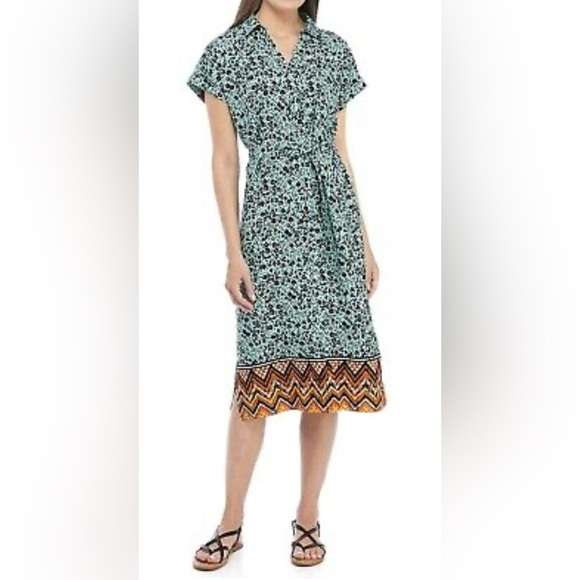 Wonderly midi Dress Size Large Weekend Belted Shirt Dress Merry Mint Floral - Picture 1 of 13